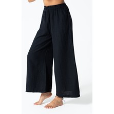 RUBYSTARS Siyah Müslin Rahat Kesim Bel Lastikli Geniş Paça Bohem Pantolon
