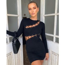 Fabbwomen Uzun Kollu Kadın Detaylı Mini Penye Elbise