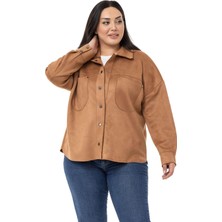 Disentis Modest Büyük Beden Çıtçıt Kapamalı Torba Cepli Süet Tarçın Gömlek