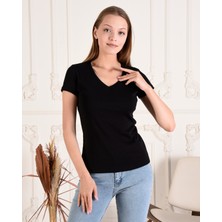 Espoirplus Kadın Siyah V Yaka Kısa Kol %100 Pamuk T-Shirt