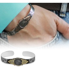 Gümüş Hediye Al Üzeri Arapça Nas&felak Suresi Yazılı Gravür Desen Süslemeli Kelepçe Model El Işçiliği 925 Ayar Gümüş Erkek Bileklik