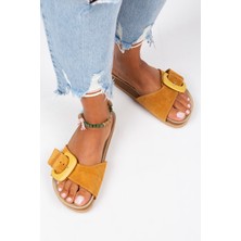 Manijero Alandra Kadın Hakiki Deri Tek Bant Hardal Terlik