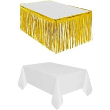 Dizayn Parti Evi Gold Metalize Masa Etegi + Plastik Beyaz Masa Örtüsü