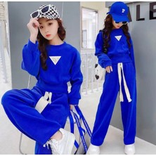 KİDS FACE Özel Tasarım Minimal Üçgen Baskılı 3 İplik Şardonlu %100 Pamuk Kışlık Ispanyol Paça Luxury Kız Çocuk Eşofman Takımı