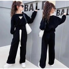 KİDS FACE Özel Tasarım Minimal Üçgen Baskılı Kışlık %100 Pamuk Ispanyol Paça Luxury Kız Çocuk Eşofman Takımı