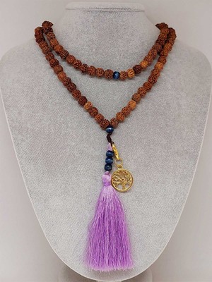 Yaşam Tohumu Rudraksha Tohumlu  Mor Püsküllü Yaşam Ağacı Aparatlı 108'LIK Tibet Stili el Yapımı Mala Kolye