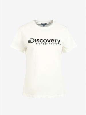 Discovery Expedition Beyaz Kadın Bisiklet Yaka Baskılı T-Shirt D3WL-TST1