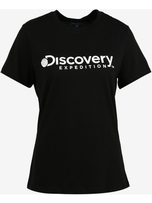 Discovery Expedition Siyah Kadın Bisiklet Yaka Baskılı T-Shirt D3WL-TST1