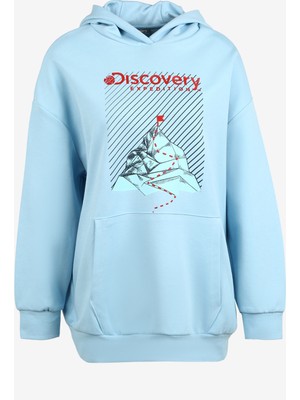 Discovery Expedition Mavi Kadın Kapüşonlu Oversize Baskılı Sweatshirt D3WL-SWT22