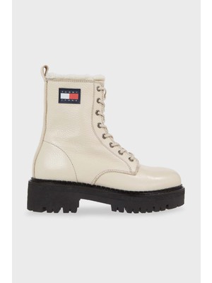 Tommy Jeans Deri Fermuarlı Bağcıklı Logolu İçi Yünlü Çizme Bayan Çizme EN0EN02317 Aev