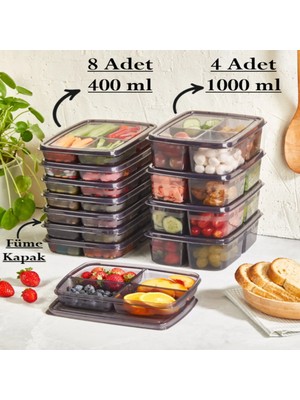 Bayev Füme 12'li Saklama Seti 8 Adet 400 ml 4 Adet 1000 ml 4 Bölmeli Öğünlük Saklama Kabı