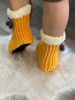 Gönülden Tasarım Kadife Keçe Taban Ponponlu Ev Botu Ev Ayakkabısı