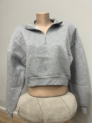 Sinhan Kadın Fermuar Crop Sweatshirt Gri