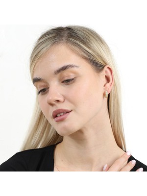 Gümüş Hediye Al Üç Sıra Beyaz Zirkon Taşlı Gold Renk 925 Ayar Gümüş Kadın Küpe