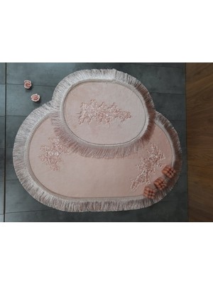 Teksev Algeria Pudra Dantelli ve Saçaklı 2'li Banyo Paspası Püsküllü Çeyizlik Kaymaz Klozet Takımı