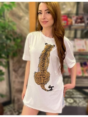 Moda Derin Beyaz Renk Leopar Baskılı T-Shirt