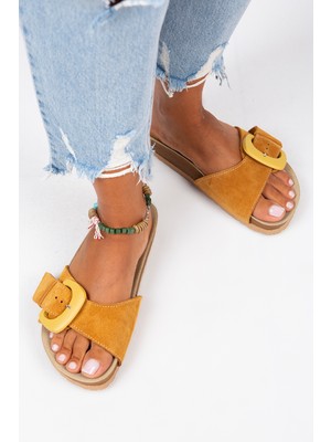 Manijero Alandra Kadın Hakiki Deri Tek Bant Hardal Terlik