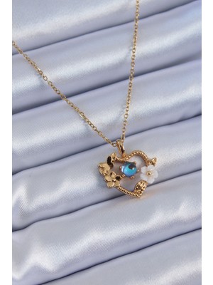 Clariss 316L Çelik Gold Renk Çiçek Kalp Model Nazar Boncuk Detay Kadın Kolye