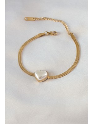 Clariss 316L Çelik Gold Renk Italyan Zincir Model Incili Kalp Model Kadın Bileklik