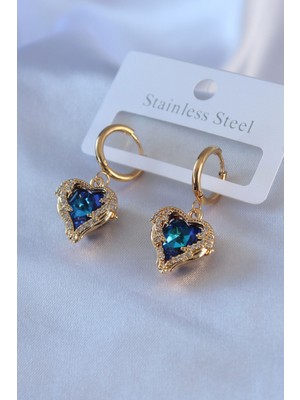 Clariss 316L Çelik Gold Renk Mavi Kristal Taş Kalp Model Zirkon Taşlı Kadın Küpe
