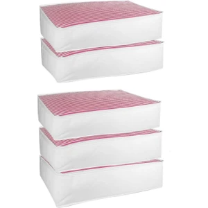 5'li Set Baza Altı Düzenleyici Büyük Boy Hurç Pembe Çizgili 70X50X25 cm