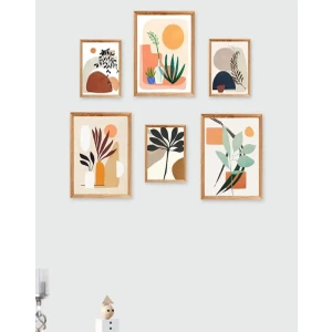 Wooden Factory 6 Pcs Wooden Frame Look Decorative Gift Boho Botanic Wall Art Mdf Painting Set