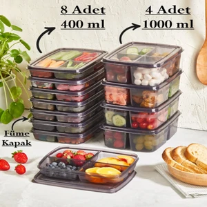 Füme 12'li Saklama Seti 8 Adet 400 ml 4 Adet 1000 ml 4 Bölmeli Öğünlük Saklama Kabı