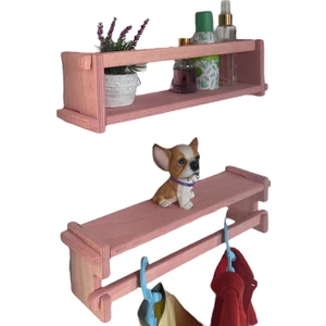 Ahşap Dekoratif Duvar Rafı ve Askılığı 2 Li 40CM.