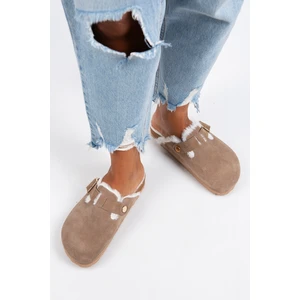 Zeta Kürklü Kadın Hakiki Deri Tokalı Kemerli Kürklü Vizon Süet Terlik