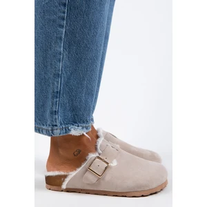 Zeta Kürklü Kadın Hakiki Deri Tokalı Kemerli Kürklü Bej Süet Terlik