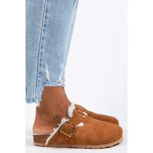 Zeta Kürklü Kadın Hakiki Deri Tokalı Kemerli Kürklü Taba Süet Terlik