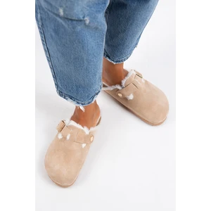 Zeta Kürklü Kadın Hakiki Deri Tokalı Kemerli Kürklü Kum Süet Terlik