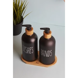 Lotion 2'li Siyah Mutfak Sıvı Sabunluk Seti 500 ml + 500 ml Bambu Tepsili