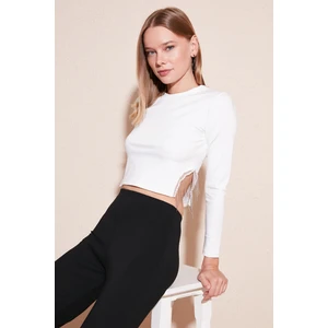 Slim Fit Bisiklet Yaka Yanı Zincirli Crop Bluz Bayan Bluz 5865398