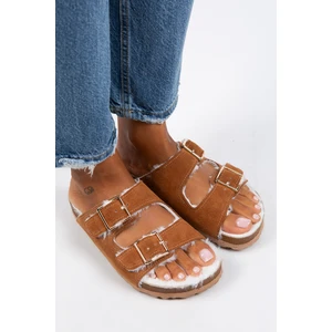 Anjelic Kürklü Kadın Hakiki Deri Çift Tokalı Kürklü Taba Süet Terlik