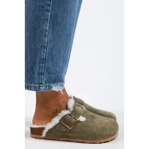 Zeta Kürklü Kadın Hakiki Deri Tokalı Kemerli Kürklü Haki Süet Terlik