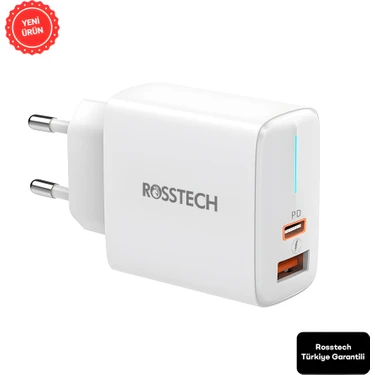 Rosstech 20W Pd LED Göstergeli Ultra Hızlı Şarj Adaptörü Usb-C Pd 20W + Usb-A Quick Charge 3.0 Dual