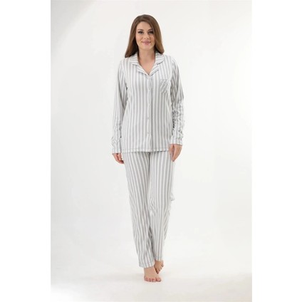 Yakalı Önden Düğmeli %70 Bambu %30 Pamuk Uzun Kollu Kadın Pijama Takım 73152