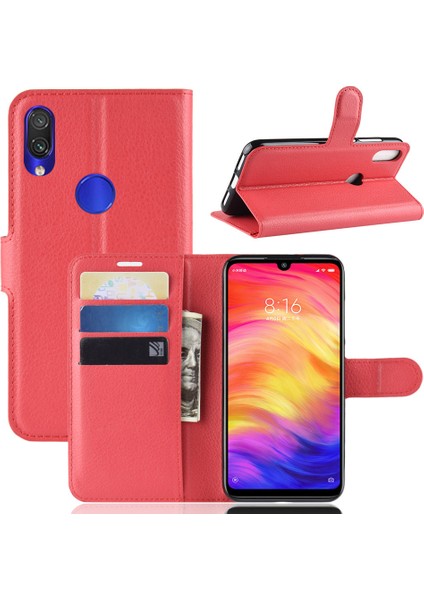 Litchi Doku Cüzdan Stand Deri Telefon Kabuğu Xiaomi Redmi Not 7s /not 7 /not 7 Pro (Hindistan) -Red (Yurt Dışından)