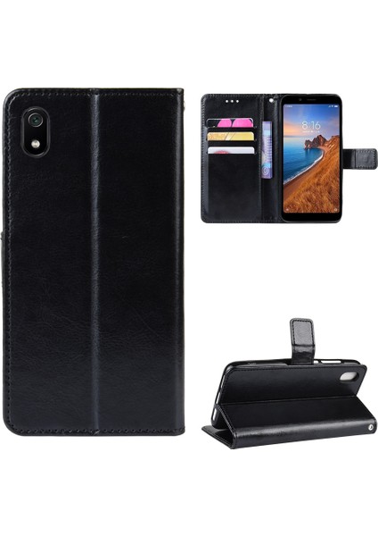 Çılgın At Doku Deri Stand Cüzdan Telefon Kabuğu Xiaomi Redmi 7A-BLACK (Yurt Dışından)