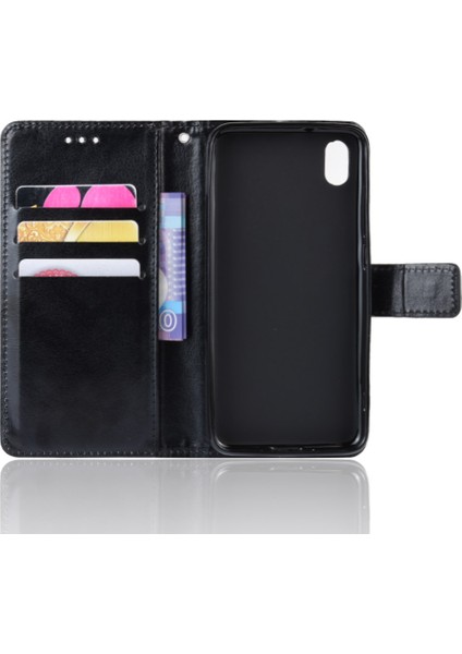 Çılgın At Doku Deri Stand Cüzdan Telefon Kabuğu Xiaomi Redmi 7A-BLACK (Yurt Dışından)