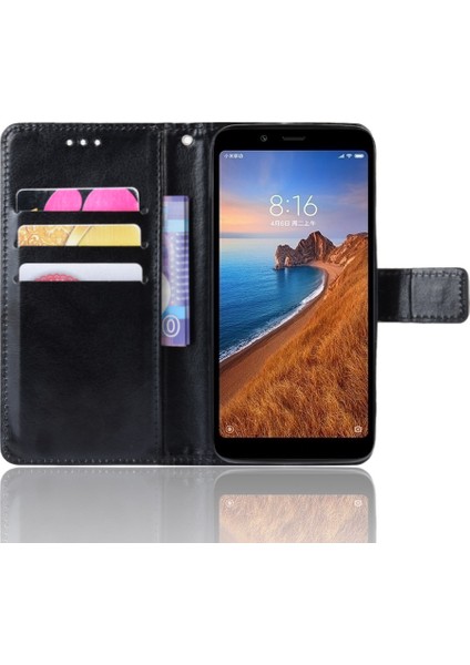 Çılgın At Doku Deri Stand Cüzdan Telefon Kabuğu Xiaomi Redmi 7A-BLACK (Yurt Dışından)