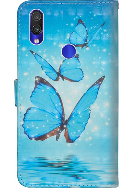 Işık Spot Dekor Desenli Deri Cüzdan Kılıfı Xiaomi Redmi Not 7s/not 7/not 7 Pro (Hindistan) -Blue Butterfly (Yurt Dışından)