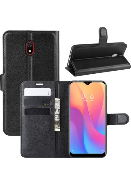 Litchi Cilt Cüzdan Deri Deri Stand Telefon Mobil Muhafaza Kapağı Xiaomi Redmi 8A-BLACK (Yurt Dışından)