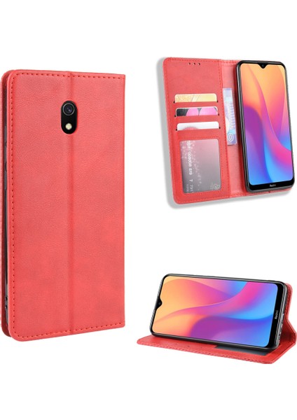 Xiaomi Redmi 8A-KIRMIZI Için Retro Tarzı Pu Deri Standı Cüzdan Telefon Kasası (Yurt Dışından)