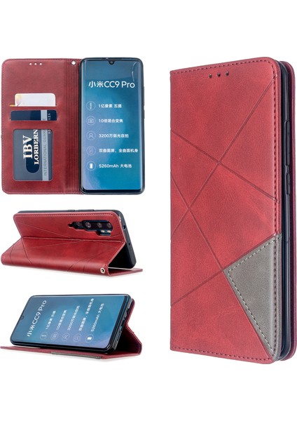 Xiaomi Mi Cc9 Pro/mi Note 10/mi Note 10 Pro-Red Için Geometrik Desen Deri Deri Stand Kılıfı (Yurt Dışından)