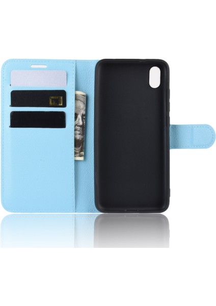 Litchi Doku Cüzdan Pu Deri Stand Telefonu Xiaomi Redmi 7A-BLUE Için (Yurt Dışından)