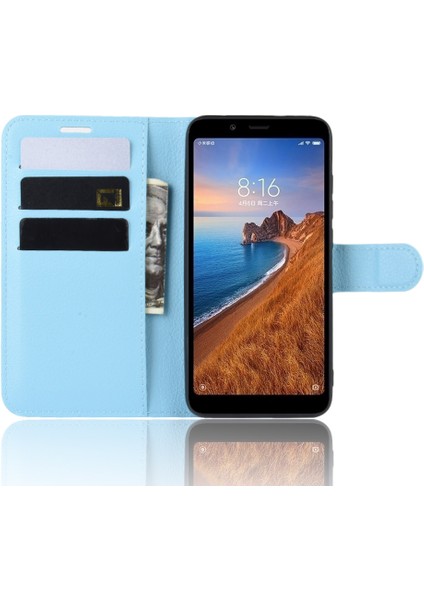 Litchi Doku Cüzdan Pu Deri Stand Telefonu Xiaomi Redmi 7A-BLUE Için (Yurt Dışından)