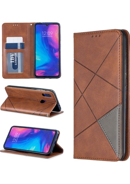 Xiaomi Redmi Için Geometrik Desen Deri Kart Tutucu Kılıf Not 7/not 7 Pro (Hindistan)/not 7s-Brown (Yurt Dışından)