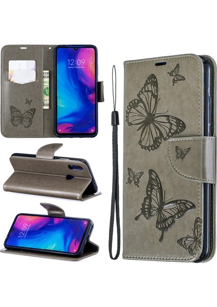 Xiaomi Redmi Için Not 7s /not 7 /note 7 Pro (Hindistan) Pu Deri Dergisi Kelebekler Telefon Case-Grey (Yurt Dışından)